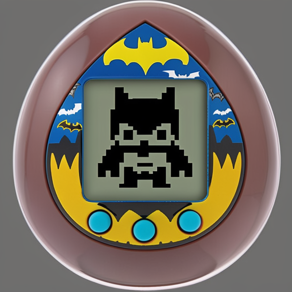 An egg-shaped, virtual pet device is featured with a central screen displaying, a  single color 8bit  bat Man ,The screen is encased within an while ring  ., <lora:egg_bit:0.8>