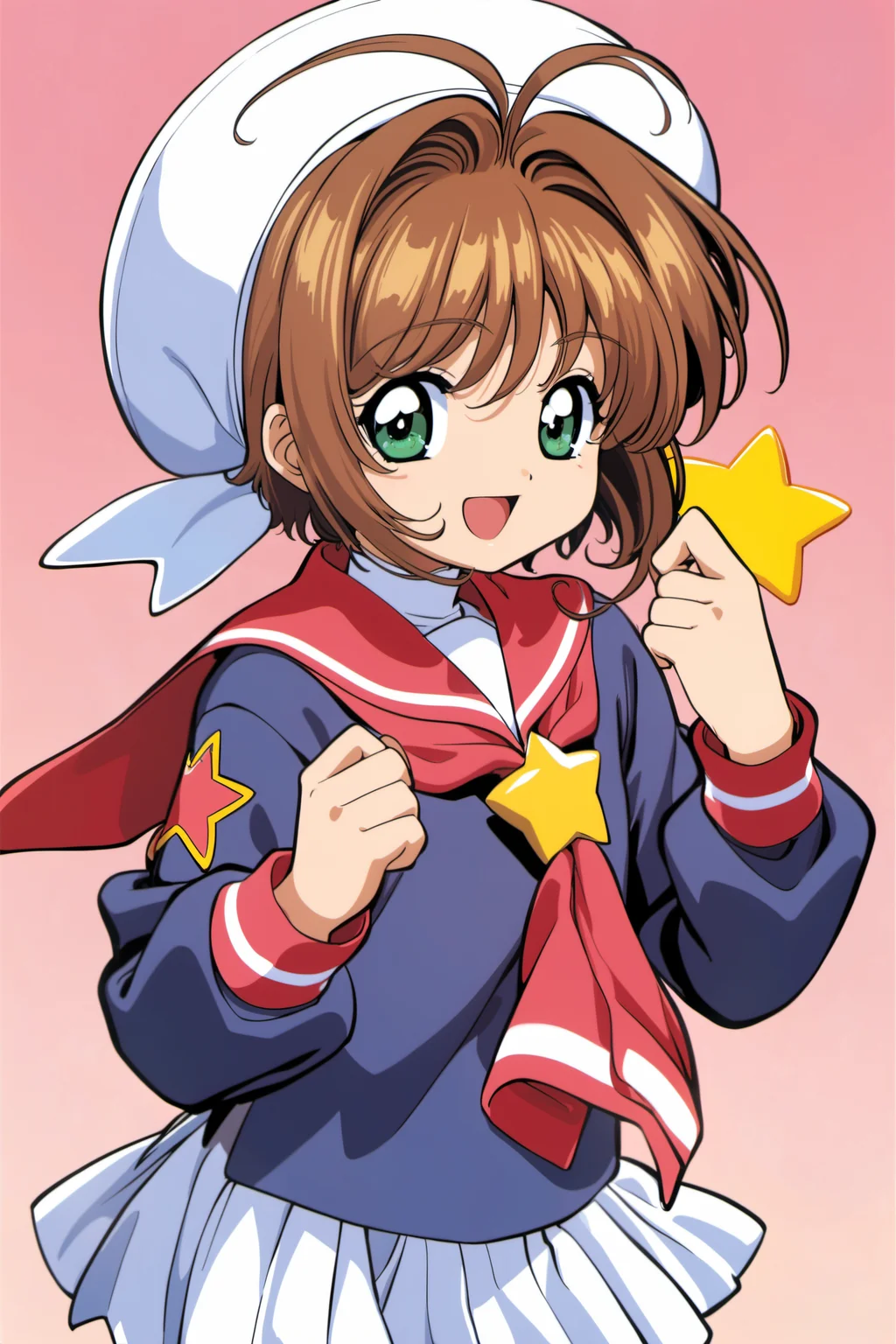 1girl, kinomoto sakura, brown hair, solo, school uniform, skirt, green eyes, tomoeda elementary school uniform, short hair, hat, white skirt, white headwear, magical girl, antenna hair, smile, serafuku, pleated skirt, open mouth, looking at viewer, cowboy shot, long sleeves, star (symbol), neckerchief, sailor collar,<lora:Card Captor Sakura Anime_XL:0.8>