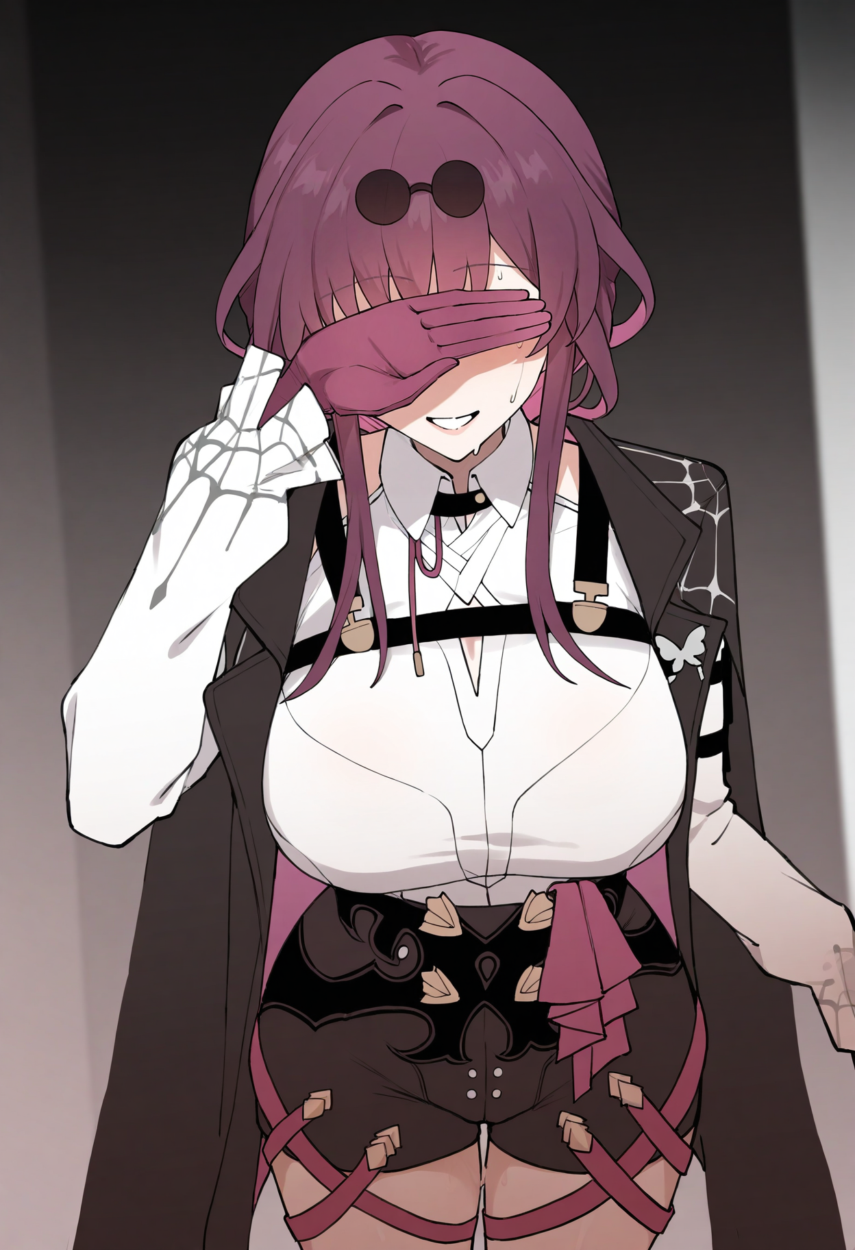 1girl,solo,kafka \(honkai: star rail\),<lora:terasu style locon V pred Ver:1>,terasu style,sweat,covering eyes,hand up,standing,grin,masterpiece,best quality,(newest:1.1),highres,