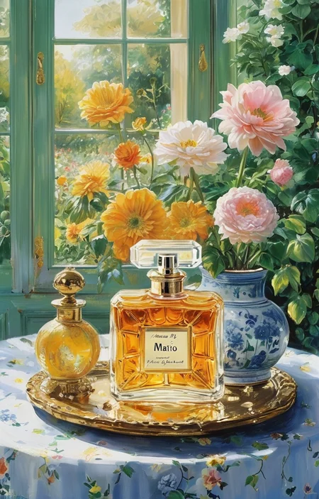 masterpiece,best quality,<lora:tbh343-sdxl:0.75>,illustration,style of Mario Buatta A bottle of perfume in garden