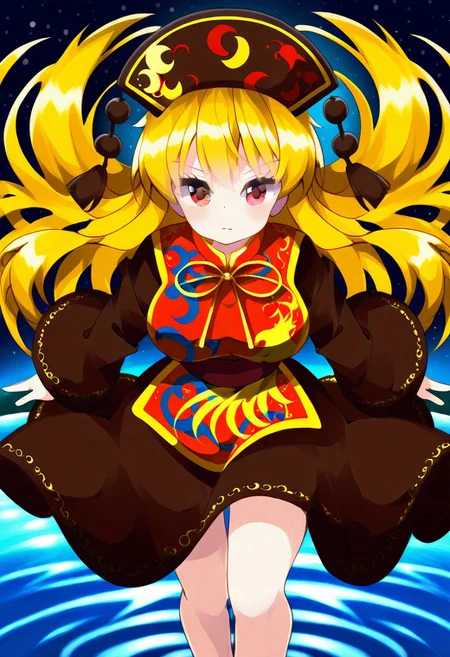 ruu style, ((outside)), ((space)), ((river)), ((junko)), 1girl, solo, blonde hair, red eyes, long hair, (standing), ((flying)), (posing), (serious gaze), (looking at viewer), ((large breasts)), black headwear, black dress, long sleeves, tabard, phenix print, (legs)