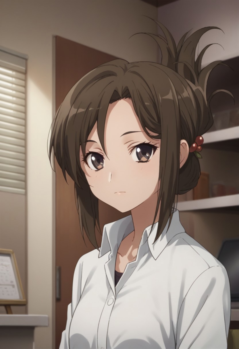 score_9, score_8_up, score_7_up, source_anime, highly detailed, 
YorikoYasaka, 1girl, solo, hair ornament, brown hair, brown eyes, shirt, folded ponytail, white shirt, pencil skirt, upper body,
indoor, house, japan,