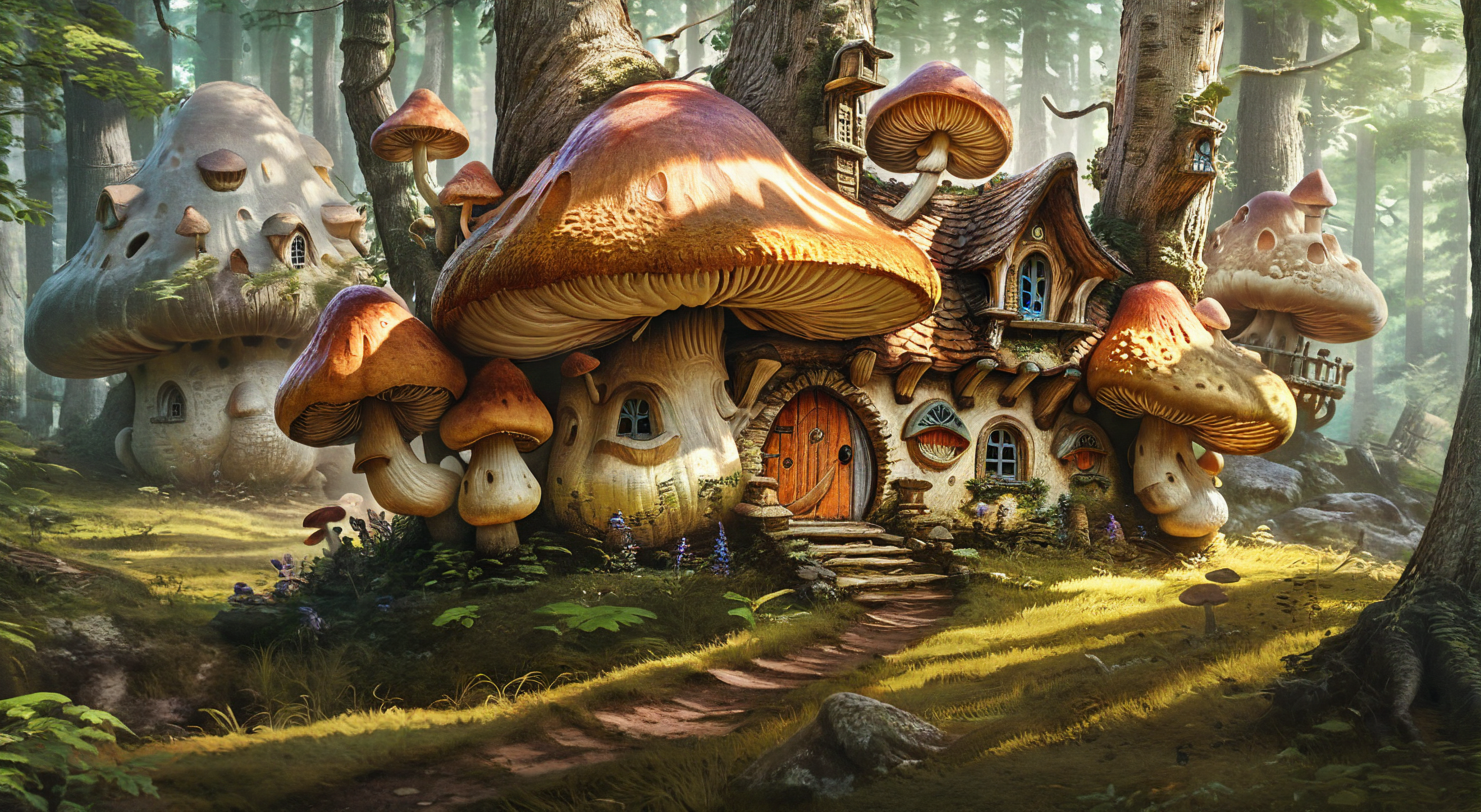 landscape, fantasy, forest, magical, photography, stvmccrr, style, rpgartworkstyle, giant mushroom house, fantasy, rpg, rpgartworkstyle, artwork, detailed, <lora:MJ52:.3>, <lora:CinematicStyle_v1:.45>, <lora:stvmccrr:.6>, <lora:RpgArtworkStyle_v1:0.9>, <lora:add-detail-xl:1>