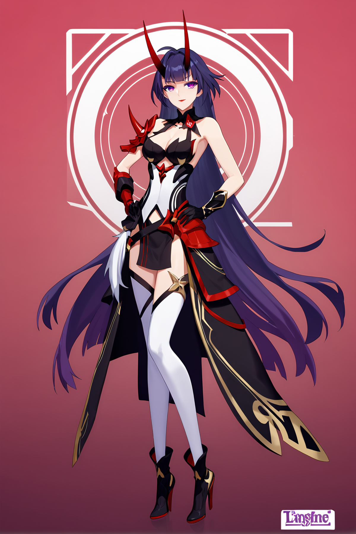 score_9, score_8_up, score_7_up, score_anime, 8k, best quality, masterpiece, (ultra-detailed), solo, hands on hip, (full body:1.1), looking at viewer, 
<lora:pony-Ldart_xl-000008:0.5>, masterpiece, best quality, (Detailed eye description), (8K wallpaper), (Detailed face description), (flat color:1.3), (ligne claire:1.1), (cover page:1.2), (movie poster:1.2), poster, cowboy shot, (solo), full body, 
(multicolored_background), striped_background, card_background, 1girl, red lips, full body, looking at viewer, medium breasts, beautiful detailed bright eyes, (seductive smile), mixed, vaporwave, (Highest picture quality), (Master's work), 
<lora:RaidenMei(adult)-pony-Tanger:0.65>, 3rd clothes, leilv, japanese armor, red horns, 1girl, raiden mei, long hair, purple eyes, purple hair, white thighhighs, bare shoulders, cleavage, black glove, bangs, high heels,
