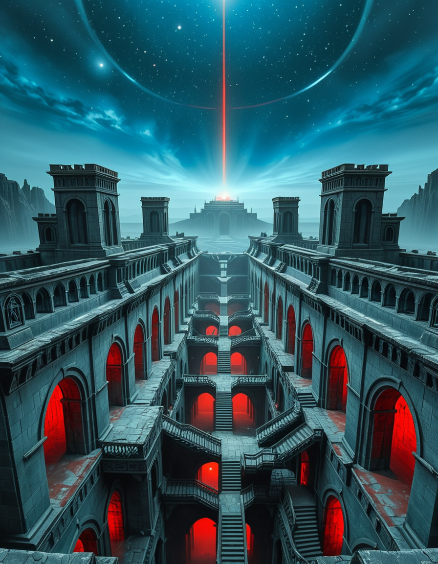 A vast, nightmarish labyrinth stretching endlessly into the horizon, its architecture a fusion of brutalist and gothic styles. The towering stone walls are cold, weathered, and adorned with eerie, ancient carvings. Deep chasms divide the labyrinth, revealing endless layers of arches and staircases that descend into an abyss of darkness. The atmosphere is thick with an unsettling silence, broken only by distant whispers and echoes of unseen entities.
A strange, ominous red beam pierces the sky from a distant point at the horizon, casting an eerie glow over the surreal landscape. The sky above is an unnatural, deep blue, devoid of stars, shrouded in a thick, ominous haze. Shadows stretch unnaturally long, twisting and shifting as if alive.
The entire scene evokes a sense of isolation and dread, as if trapped in an inescapable nightmare. The labyrinthâs geometry seems almost impossible, defying logic with staircases leading to nowhere and corridors looping endlessly. A place where time feels distorted, and reality itself is uncertain.
Style & Mood:
    Dark surrealism, Lovecraftian horror
    Cinematic, high-detail, eerie lighting
    Atmospheric perspective, emphasizing scale and depth
    Inspired by the works of ZdzisÅaw BeksiÅski and H.R. Giger
<lora:SDXLFaeTastic2400:0.4> <lora:extremely_detailed:0.4> extremely detailed, <lora:nightmarish_l4byr1nth:1>,nightmarish l4byr1nth, Masterpiece,best quality,hi res,8k,hi res,8k,award winning,(sharp focus, intricate, highly detailed),