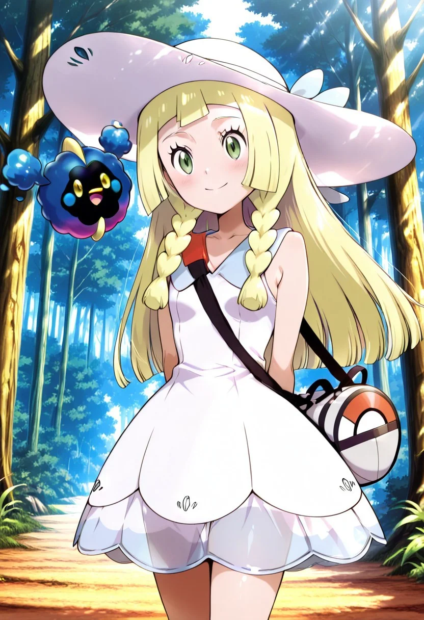 high quality,charturnerv2,Expressiveh,very aesthetic, high resolution,perfecteyes,8k,1 girl,in a forest,BREAK,zzLillie, long hair, braid, sun hat, white headwear, collarbone, sleeveless dress, white dress,young,cute,small,flat chest,small ass,smiling,Happy,cute,expressive,facing the viewer,carrying the Pokémon cosmog, front view