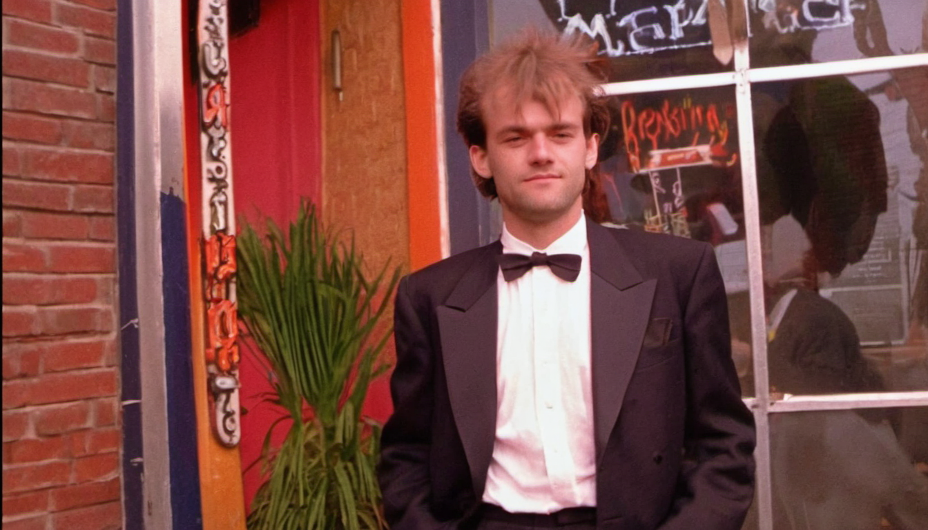 portrait photo of a german man outside a night club, morning, 1990, tuxedo, suit,  <lora:badquality_v02:1> bad quality