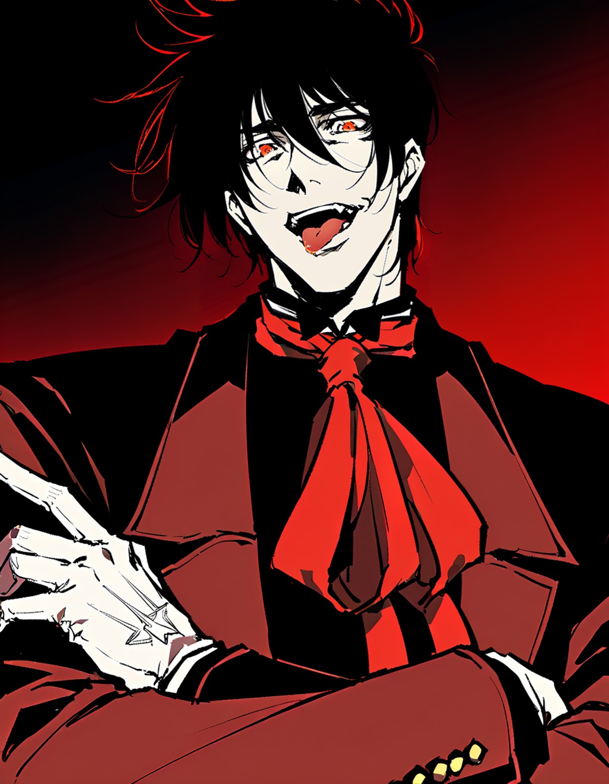 score_9, score_8_up, score_7_up, BREAK 1boy, solo, male focus, BREAK alucard \(hellsing\), red eyes, black hair, coat, black shirt, ascot, open mouth, tongue out, pale skin, white gloves, BREAK dark, (black background, red background, gradient background), crossed arms, portrait, looking at viewer,  <lora:ALUCARD:0.95>