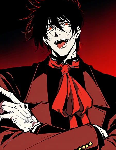 score_9, score_8_up, score_7_up, BREAK 1boy, solo, male focus, BREAK alucard \(hellsing\), red eyes, black hair, coat, black shirt, ascot, open mouth, tongue out, pale skin, white gloves, BREAK dark, (black background, red background, gradient background), crossed arms, portrait, looking at viewer, <lora:ALUCARD:0.95>