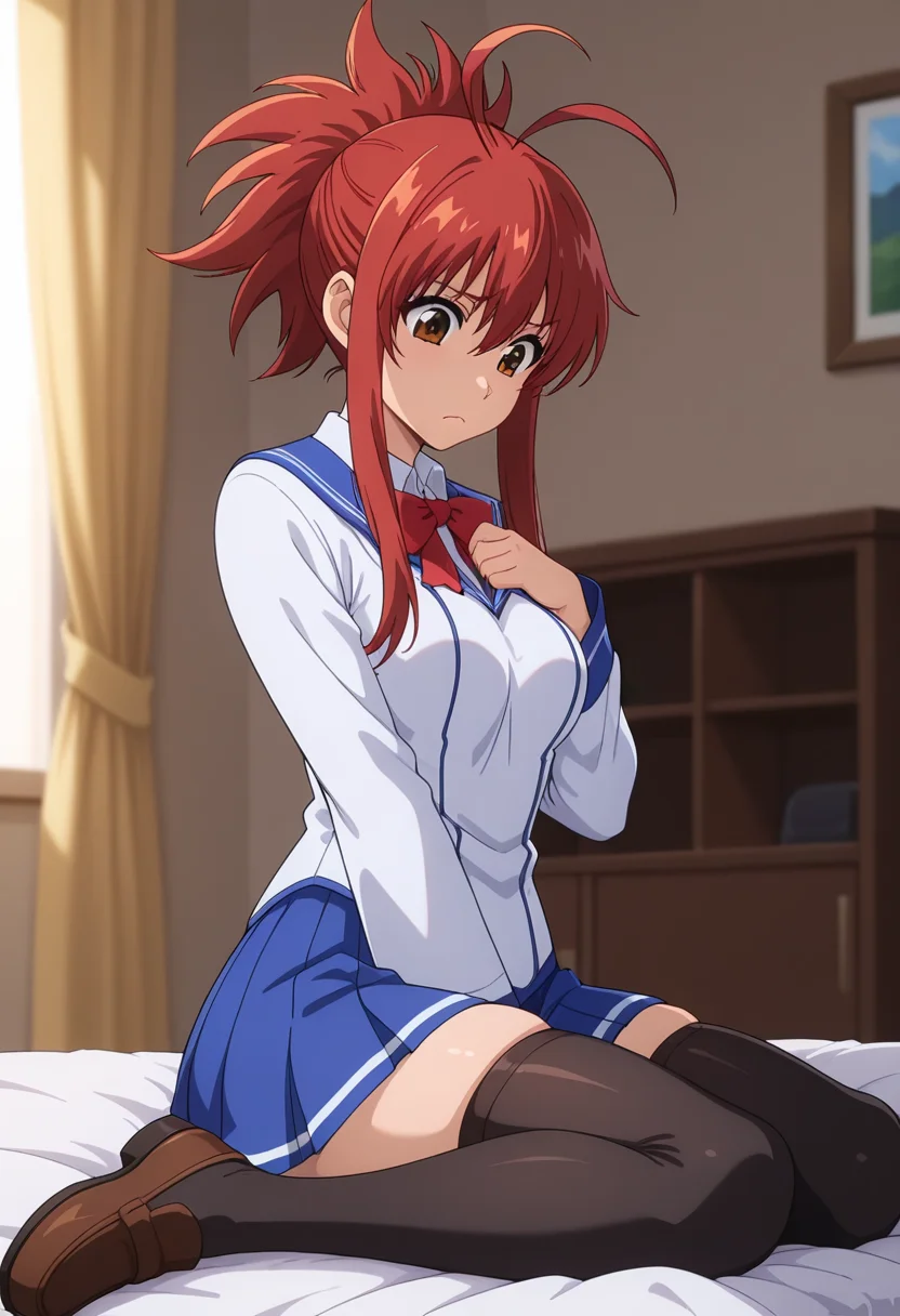 masterpiece, best quality, amazing quality, 1girl, solo,keenaww, brown eyes, red hair, long hair, ponytail, sidelocks, antenna hair, medium breasts, school uniform, blue sailor collar, red bowtie, white school shirt, long sleeves, blue pleated skirt, black thighhighs, zettai ryouiki, loafers, <lora:Soga_Keena_Ichiban_Ushiro_no_Daimaou_ill:0.9>, indoors, bedroom, frown, wariza, sitting, hand on own chest, looking down, skindentation, detailed clothing folds, depth of field, sharp, high contrast, dynamic light