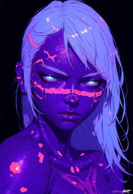 cyberpunk, DreamArt, anime_martz, anime_source, paint, neon hair, ultra realistic intricate scales, white hair glows, purple scale on face covering. Her face is adorned with glowing face tattoo, closed eyes, patterns resembling fish scales on face glowing purple, smeared pattern tattoo, half turn head relaxed expression nodding, dark simple background, futuristic art, with a glowing.