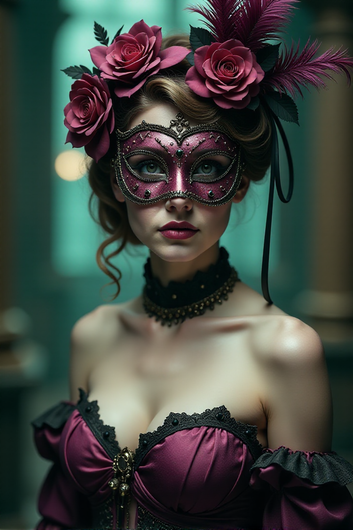 nobless with venetian mask, rococo, big breasts, hyperdetailed, bokeh, carnveal scenery, monochrome masterwork, glimpses of teal and pink, soft but rim light, mysteriousâââ