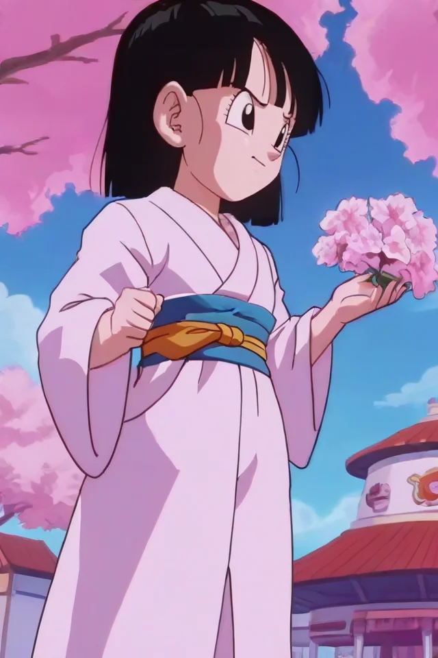 source_anime, score_9, score_8_up, score_7_up, anime screencap,8k, absurd res,
pan \(dragon ball\), short hair, bangs, black hair, black eyes,
dutch angle, white  kimono, cherry blossoms, sash, floating hair, from below, looking to the side, blue sky, 
<lora:panRemake_pony_v1:0.8>