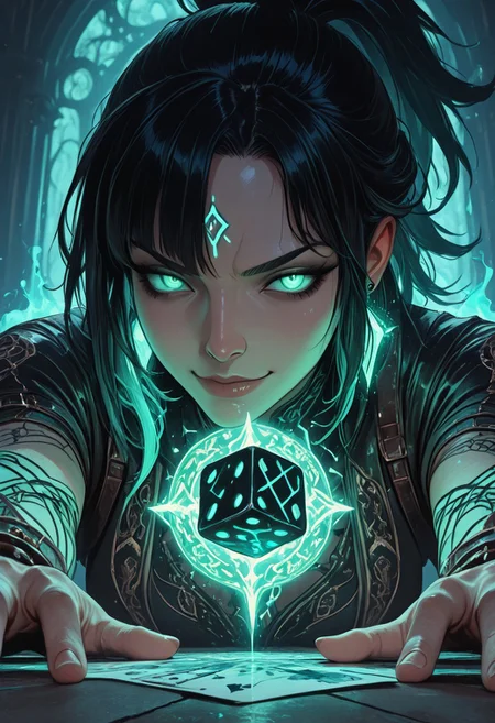 (masterpiece), (best quality), 8k, 1girl, dramatic foreshortening, view from table-level looking upward, confident smirk, throwing large glowing dice toward viewer, dice very close to the foreground, perspective distortion, waist-up composition, glowing tattoos on arms and neck, magical aura, floating playing cards in the air, cinematic fantasy lighting, dark mystical casino vibe, arcane runes swirling around, asymmetrical hairstyle with glowing tips or high ponytail, leather outfit with ornate embroidery, glowing eyes, windblown hair, glowing earrings, focused intense expression, glowing dice trail effect,