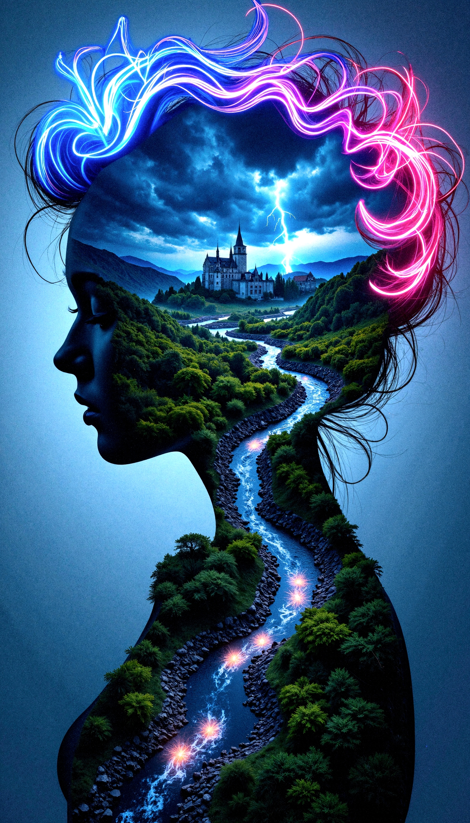 "An artistic silhouette of a woman, her hair depicted as flowing strands of radiant blue and pink light. Within her profile, a magical realm unfolds: a majestic castle stands amidst emerald forests and rolling hills, while lightning arcs across a stormy sky. The silhouette’s vibrant hair flows into the scene, blending seamlessly with rivers and glowing pathways, creating a fusion of surrealism and fantasy. The interplay of neon light and natural tones gives the composition an enchanting, dreamlike quality."
 <lora:FluxDFaeTasticDetails:0.2> <lora:aidmaHyperrealism-FLUX-v0.3:0.8>