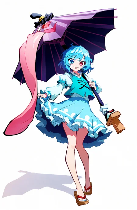 tatara_kogasa, 1girl, solo, looking_at_viewer, short_hair, blue_eyes, simple_background, shirt, skirt, long_sleeves, white_background, red_eyes, holding, blue_hair, white_shirt, full_body, tongue, puffy_sleeves, tongue_out, vest, blue_skirt, shadow, heterochromia, umbrella, juliet_sleeves, holding_umbrella, geta, blue_vest, karakasa_obake, purple_umbrella