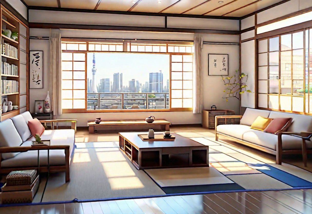 ((front view)), ((Japanese animation style)), modern-style interior, with white walls, (large windows), Nordic-style furniture, a  study, Sofa, coffee table, bookcase, single wall, 
warm light morning sun, (the view of the city)