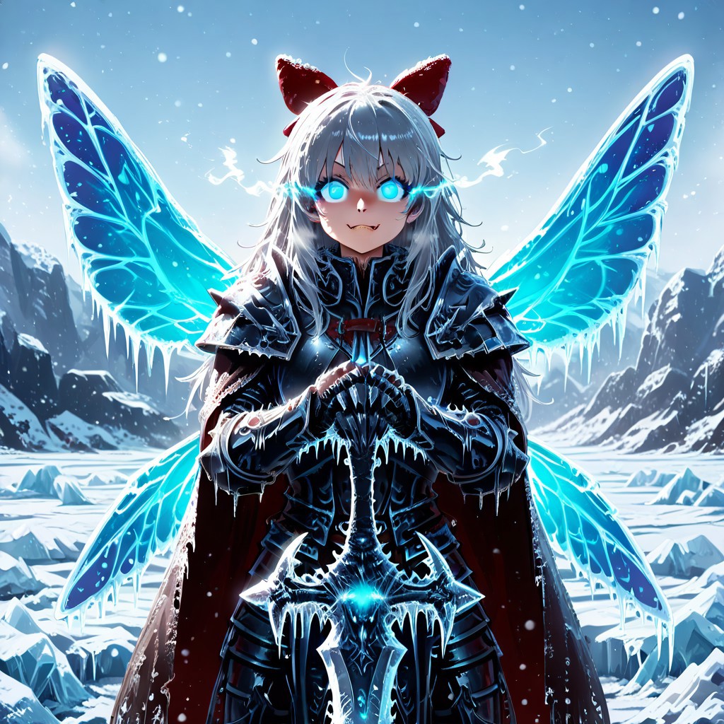 Smooth_Quality, 1c3_w1n73r, 
illustration showing lichking Tipsy holding two-handed sword, 
1girl, Tipsy, blue eyes, glowing eyes, silver hair, long hair, tangled hair, messy hair, bangs, red hairbow, :3, fang, fairy wings, lichking cosplay, full armor, tattered cape, 
standing, holding frostmourne by both hands, three-quarter view, cowboy shot,
outdoors, winter, ice wasteland, dragon skeleton with blue glowing eyes,