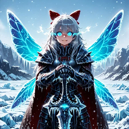 Smooth_Quality, 1c3_w1n73r, 
illustration showing lichking Tipsy holding two-handed sword, 
1girl, Tipsy, blue eyes, glowing eyes, silver hair, long hair, tangled hair, messy hair, bangs, red hairbow, :3, fang, fairy wings, lichking cosplay, full armor, tattered cape, 
standing, holding frostmourne by both hands, three-quarter view, cowboy shot,
outdoors, winter, ice wasteland, dragon skeleton with blue glowing eyes,