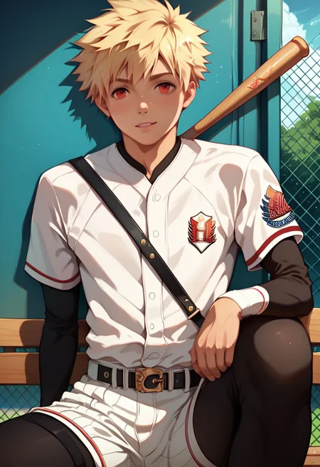 score_9, score_8_up, score_7_up, masterpiece, best quality, lots of details, close-up, ((1boy)solo blonde hair red eyes 1boy sitting male focus food sportswear baseball bat baseball baseball uniform Ichiru_Yanai bacchikoi, shaded, detailed shading, detailed skin, shaded skin, realistic shading, Expressiveh, countershading:1.1, outdoors