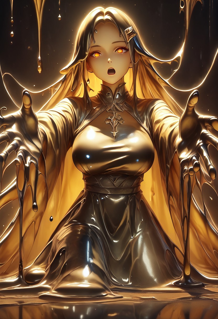 score_9, score_8_up, score_9_up, score_7_up, high quality, masterpiece, highly detailed, 1 girl, (((black slime girl))), large breasts, girl see through body. DonM5h4d0wM317XL, golden kimono dress, golden hair ornament, long hair, glowing golden eyes, reaching out to viewer, dark forest background