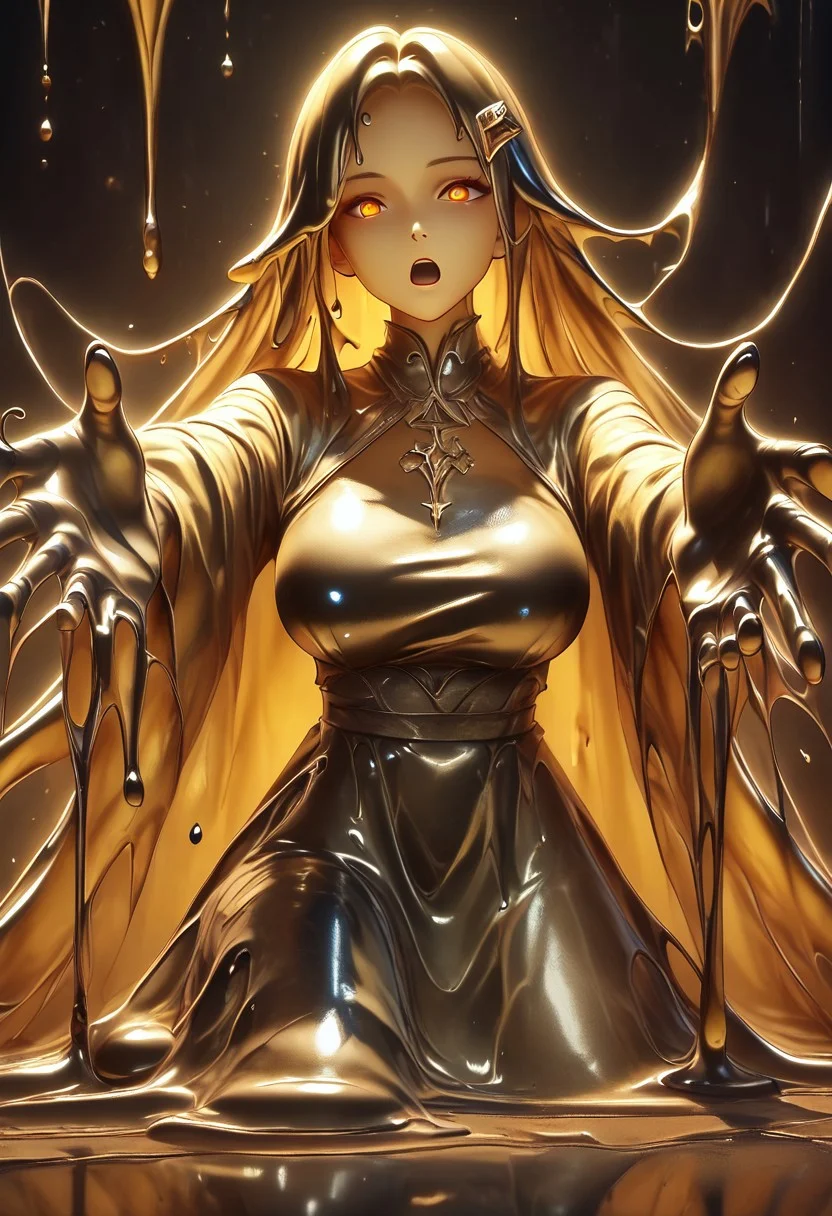 score_9, score_8_up, score_9_up, score_7_up, high quality, masterpiece, highly detailed, 1 girl, (((black slime girl))), large breasts, girl see through body. DonM5h4d0wM317XL, golden kimono dress, golden hair ornament, long hair, glowing golden eyes, reaching out to viewer, dark forest background