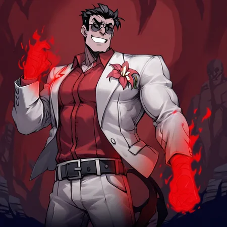 masterpiece, best quality, newest, absurdres, highres, FFILV1.0, flaming hand, flame, fire, 1boy, helltaker (helltaker), black hair, short hair, muscular, muscular male, sunglasses, glasses, white jacket, white pants, black belt, red shirt, formal clothes, flower in clothes, open jacket