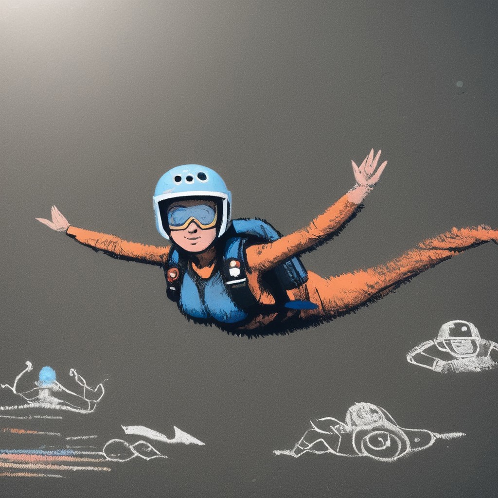 ch4lkdr4wing, chalk, hud_skyd1ver, 1girl, large breasts, backpack, helmet, goggles, flying, midair, lying on stomach, outstretched arms