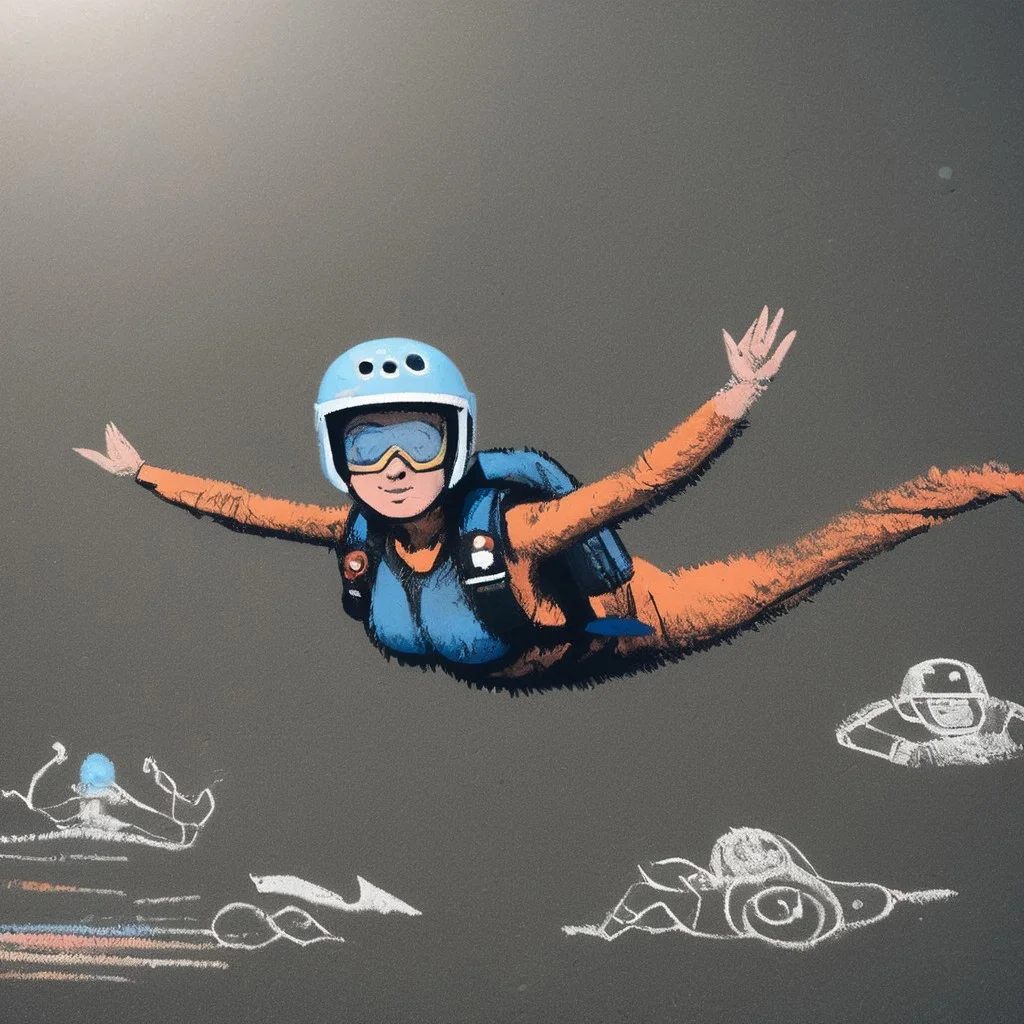 ch4lkdr4wing, chalk, hud_skyd1ver, 1girl, large breasts, backpack, helmet, goggles, flying, midair, lying on stomach, outstretched arms