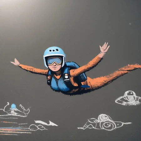 ch4lkdr4wing, chalk, hud_skyd1ver, 1girl, large breasts, backpack, helmet, goggles, flying, midair, lying on stomach, outstretched arms
