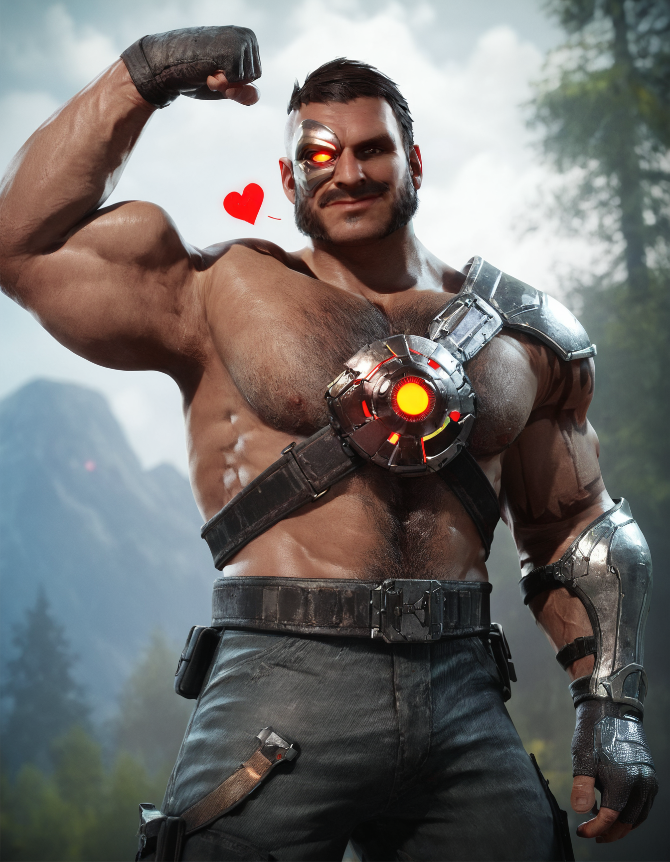 score_9, score_8_up, score_7_up, solo, male focus, mature male,  mkkan0, cybernetic eye, mutton chops, h4rness,  charming, <3,  outdoors, armor, looking at viewer, shoulder armor, big pecs, flexing bicep, evil smirk, closed mouth, night, night sky, standing, <lora:mkkano:0.8>