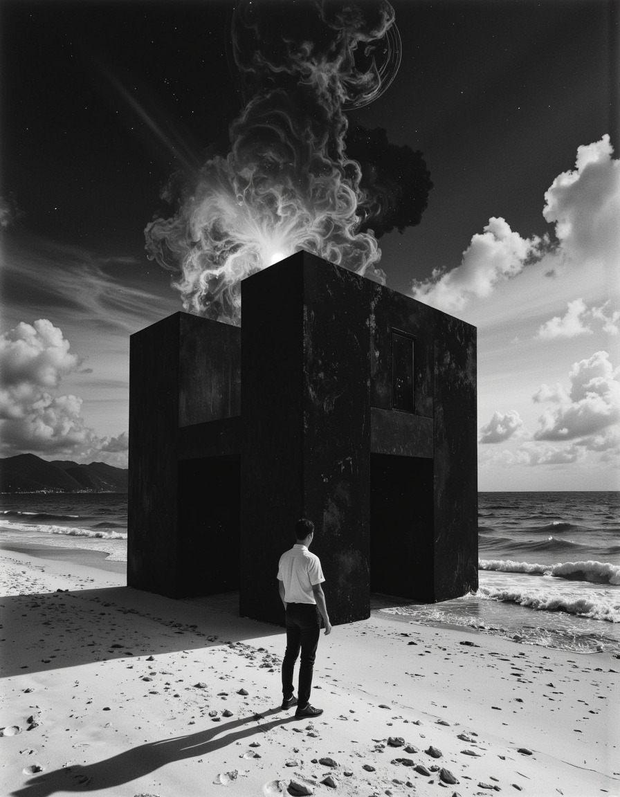 A detailed high resolution black and white cinematic photograph of  man standing on the beach with a large black cube, in style of beeple, metahuman, inspired by RyÅ«sei Kishida, deep dark universe, nightmare anomalies, dark building, six sided, concept image, the energy is released, the cube
 <lora:Exogenous:1>
