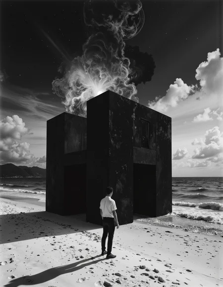 A detailed high resolution black and white cinematic photograph of man standing on the beach with a large black cube, in style of beeple, metahuman, inspired by Ryūsei Kishida, deep dark universe, nightmare anomalies, dark building, six sided, concept image, the energy is released, the cube
<lora:Exogenous:1>