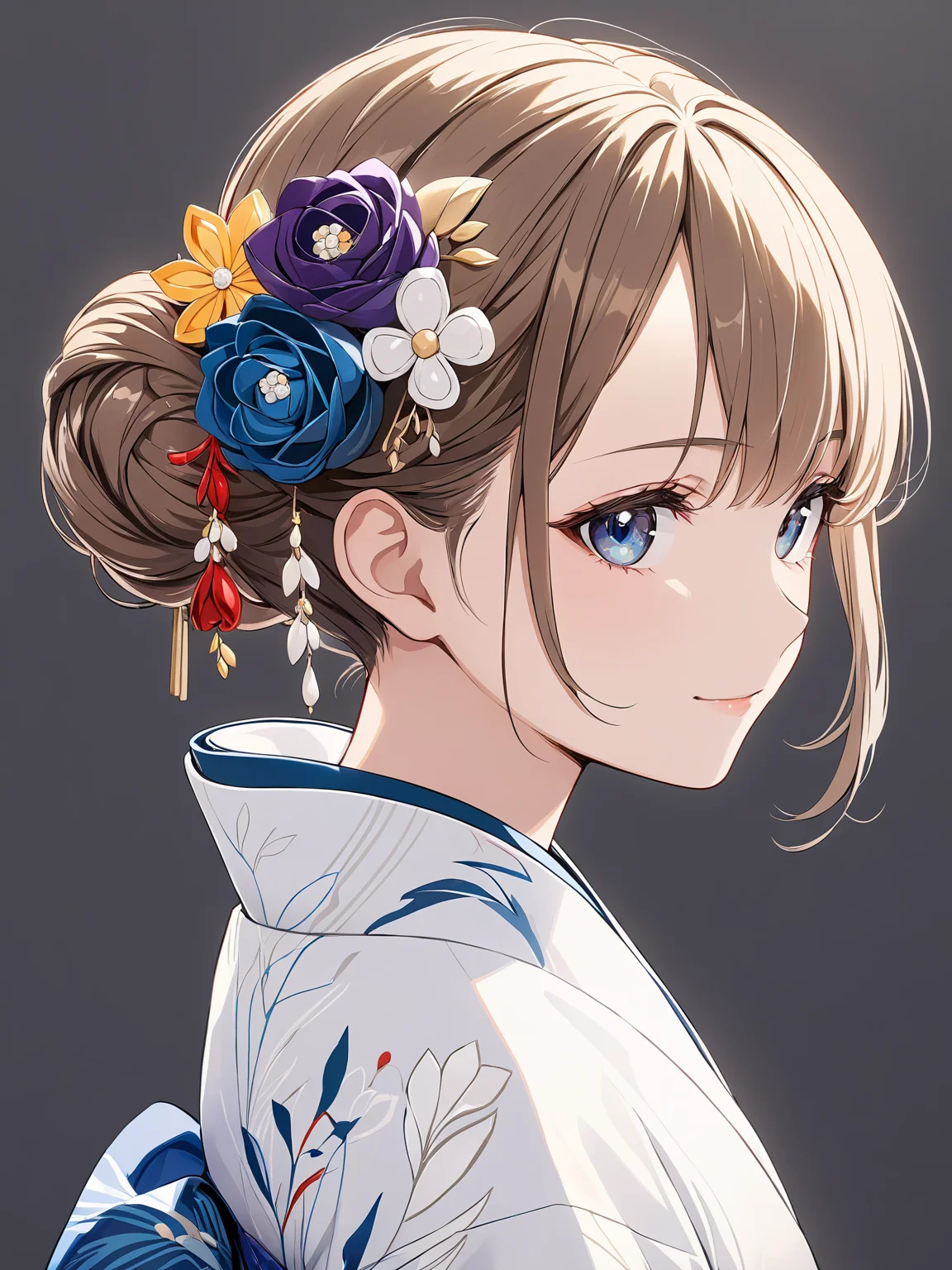 masterpiece,ultra-detailed,best quality,8K,illustration,cute face,clean skin ,shiny hair,girl,ultra-detailed-eyes,simple background, <lora:add-detail-xl:1> <lora:kanzashi_XL_V1.0:0.6> kanzashi, hair flower,hair bun,kimono,rose