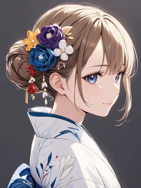 masterpiece,ultra-detailed,best quality,8K,illustration,cute face,clean skin ,shiny hair,girl,ultra-detailed-eyes,simple background, <lora:add-detail-xl:1> <lora:kanzashi_XL_V1.0:0.6> kanzashi, hair flower,hair bun,kimono,rose