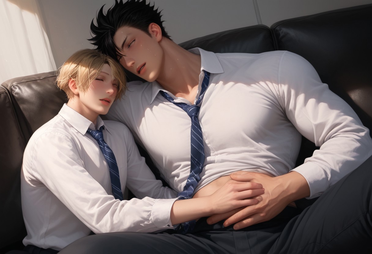 score_9, score_8_up, score_7_up, anime, ((2boys, lying, laying, sleeping, black eyes)), kuroo_x_kenma, multiple boys, yaoi, (( top short spiky black hair, bottom long blonde hair, black eyes, pensive expression, neutral, rating PG, PG)) toned male, kuroo as top, kenma as bottom, hung x twink, black eyes,
((bara, yaoi, duo((1man on 1boy, short black hair big dom, long blonde small sub)), manly dom)), muscular body, (((size difference))), five fingers hand, good arms, good face, open eyes, good eye, (masterpiece, best quality, best result), more object, more details,
hyper ((size difference)), yaoi, tall giant muscular man and skinny boy, very cute boy, tiny, blondlust, large hand on belly, hand pressing into belly, looking at another,
Macro detailed realism style photograph, soft lighting, Expressiveh, ((sofa, white shirt, white collared shirt, ties, clothes, formal pants, long sleeves, college sweat after Quidditch game,)), restraining, open mouth, heavy breathing, soft bright lighting, (feminine 
skinny short twink), masculine top