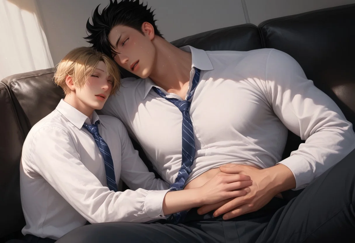 score_9, score_8_up, score_7_up, anime, ((2boys, lying, laying, sleeping, black eyes)), kuroo_x_kenma, multiple boys, yaoi, (( top short spiky black hair, bottom long blonde hair, black eyes, pensive expression, neutral, rating PG, PG)) toned male, kuroo as top, kenma as bottom, hung x twink, black eyes,
((bara, yaoi, duo((1man on 1boy, short black hair big dom, long blonde small sub)), manly dom)), muscular body, (((size difference))), five fingers hand, good arms, good face, open eyes, good eye, (masterpiece, best quality, best result), more object, more details,
hyper ((size difference)), yaoi, tall giant muscular man and skinny boy, very cute boy, tiny, blondlust, large hand on belly, hand pressing into belly, looking at another,
Macro detailed realism style photograph, soft lighting, Expressiveh, ((sofa, white shirt, white collared shirt, ties, clothes, formal pants, long sleeves, college sweat after Quidditch game,)), restraining, open mouth, heavy breathing, soft bright lighting, (feminine 
skinny short twink), masculine top