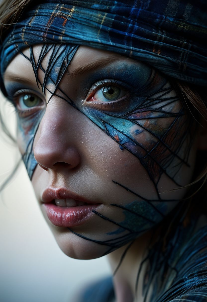 Close-up face, mysterious silhouette of a scottish woman in worn down clothing, goddess, alluring, by Minjae Lee, Carne Griffiths, Emily Kell, Steve McCurry, Geoffroy Thoorens, Aaron Horkey, Jordan Grimmer, Greg Rutkowski, amazing depth, double exposure, surreal, geometric patterns, intricately detailed, bokeh,  perfect balanced, deep fine borders, artistic photorealism , smooth,  great masterwork by Suiras  <lora:add-detail-xl:2>  <lora:Double_Exposure:0.5>