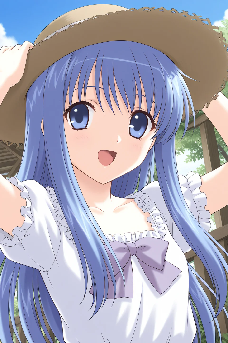 masterpiece, best quality, absurdres, official art, official style, rating general BREAK <lora:takayashikimatsuri_IL_v1:0.7>, takayashiki matsuri, solo, 1girl, blue eyes, blue hair, very long hair, bangs, sidelocks, flat chest, long hair, open mouth, straw hat, day, tree, hands on headwear, outdoors, upper body, collarbone, :d, sun hat, short sleeves, looking at viewer, fence, arms up, close-up, cloud, white dress, puffy short sleeves, blue sky, purple bowtie, frilled dress, square neckline, floating hair