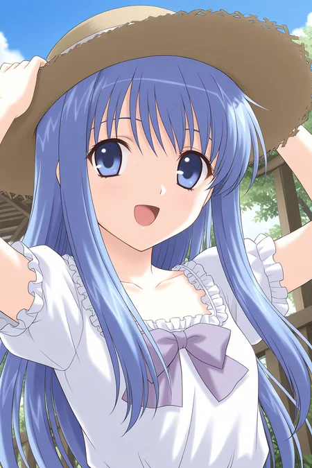 masterpiece, best quality, absurdres, official art, official style, rating general BREAK <lora:takayashikimatsuri_IL_v1:0.7>, takayashiki matsuri, solo, 1girl, blue eyes, blue hair, very long hair, bangs, sidelocks, flat chest, long hair, open mouth, straw hat, day, tree, hands on headwear, outdoors, upper body, collarbone, :d, sun hat, short sleeves, looking at viewer, fence, arms up, close-up, cloud, white dress, puffy short sleeves, blue sky, purple bowtie, frilled dress, square neckline, floating hair