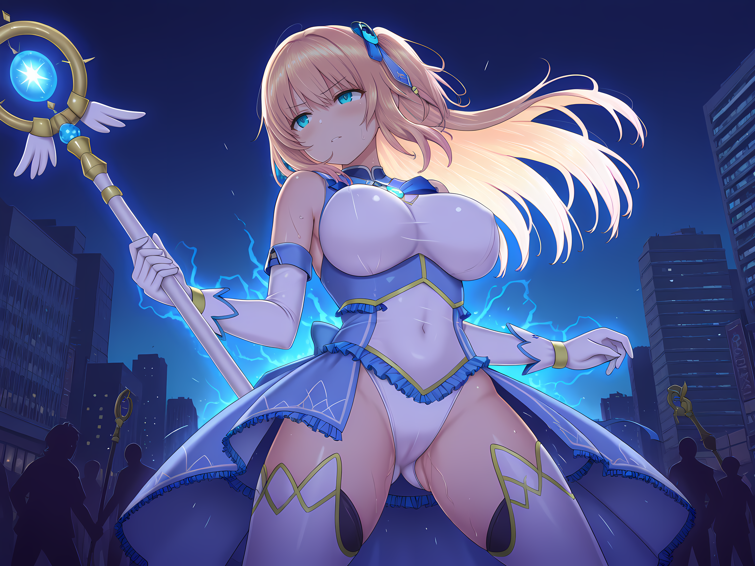 1girl,celesphonia,mgc outfit,long hair,large breasts,outdoors,<lora:Celesphonia_and_Selenoxia:0.8>,cityscape,Epic battle scene featuring a (magical girl:1.5) in a dazzling outfit,(radiant energy:1.3) emanating from her (enchanted staff:1.4),confronting (dark creatures:1.2) in a (fantastical landscape:1.1). Highlight (intense action:1.3),(vibrant colors:1.2),and (dynamic poses:1.4),, masterpiece,best quality,amazing quality,