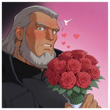 masterpiece, best quality, newest, absurdres, highres, pink background, Diz_D00dz, white borders around characters, soft light, BREAK bara, muscular, 1man, male focus, male, male focus, Macbeth, brown skin tone, gray hair, gray eyes, beard, chin curtain, {{beefy}}, {{muscular}}, {{large}}, close up to face, night, blushing, Bouquet of flowers, holding bouquet of flowers, surprised look, look at viewer, smilling, hearts