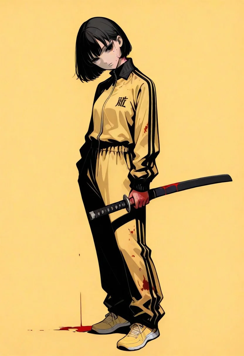 1girl, solo, black hair, bob cut, hair between eyes, solid black eyes, detailed eyes, looking to the side, mole under eye, expressionless, looking at viewer, head tilt, chin up, pale skin, standing, holding katana, blood, blood on face, blood on clothes, track suit, blood on hands, blood on weapon, blood splash, yellow jumpsuit, yellow footwear, full body, simple background, solid yellow background, glint, no lineart, no outline, blending, r17329_illu,Sinozick_illu, d41z3n
