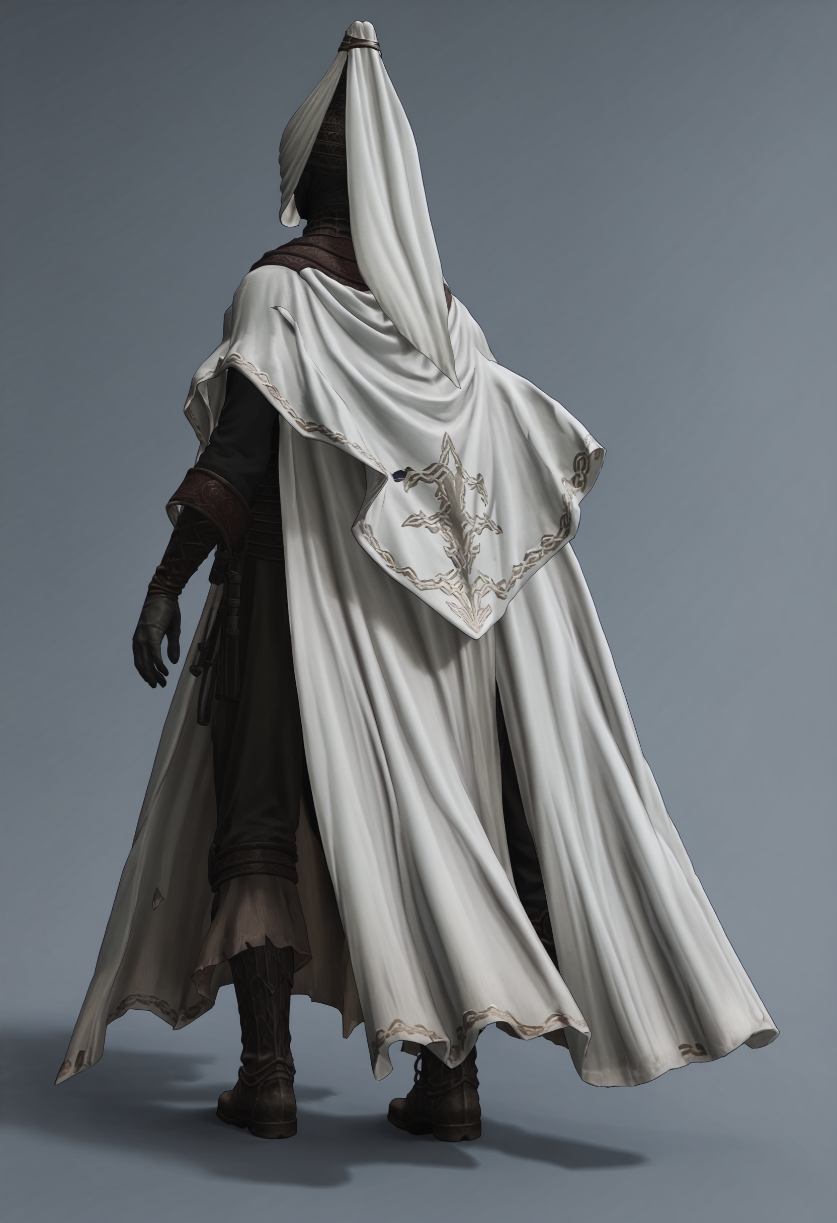 score_9, score_8_up, score_7_up, score_6_up, score_5_up, score_4_up, 1girl,  <lora:NoxSwordstress:0.85> solo, colored skin, black skin, faceless, veil, helmet, armor, cape, cloak, gloves, boots, full body, view from behind, standing,
(light blue background:1.15), simple background,