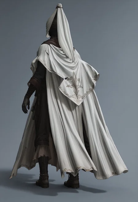 score_9, score_8_up, score_7_up, score_6_up, score_5_up, score_4_up, 1girl, <lora:NoxSwordstress:0.85> solo, colored skin, black skin, faceless, veil, helmet, armor, cape, cloak, gloves, boots, full body, view from behind, standing,
(light blue background:1.15), simple background,