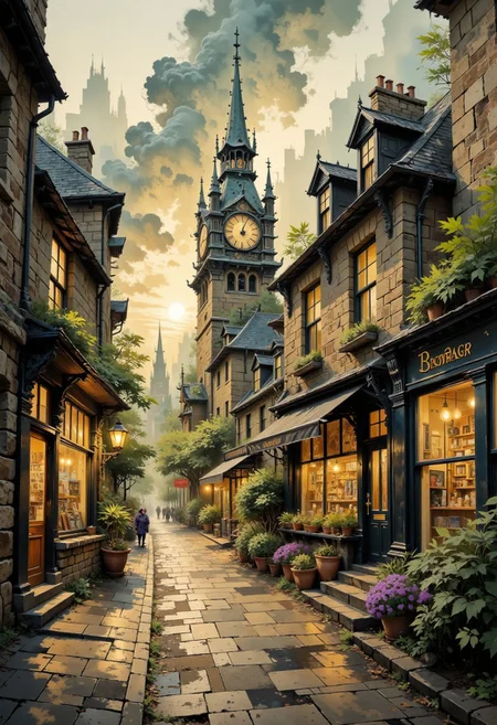 A dinkfsn style ink wash painting
A scene of the High Street of Edinburgh at sunset, soft luminous realism, dramatic atmosphere, glowing rich textures, rich oil-paint detailing, contrast between light and shadow, misty and romantic environment, gentle emotional expression, stormy epic cloudy skies.
Rich colors, color palette of green, gray, mahogany and violet. Highlights of orange light in the windows and streetlights.