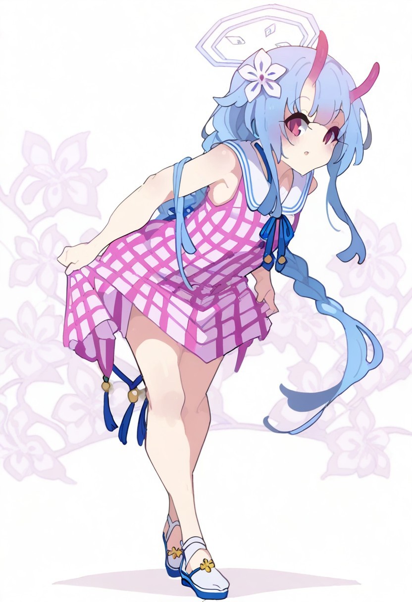 chise \(blue archive\), pink gingham dress, skirt hold bowing, crossed legs, leaning forward, Kakure_Eria. flower trestle background