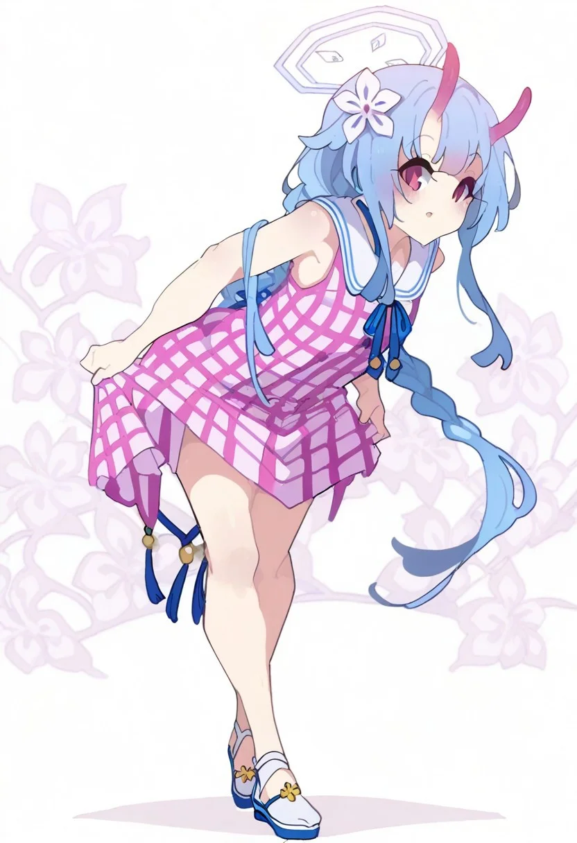 chise \(blue archive\), pink gingham dress, skirt hold bowing, crossed legs, leaning forward, Kakure_Eria. flower trestle background