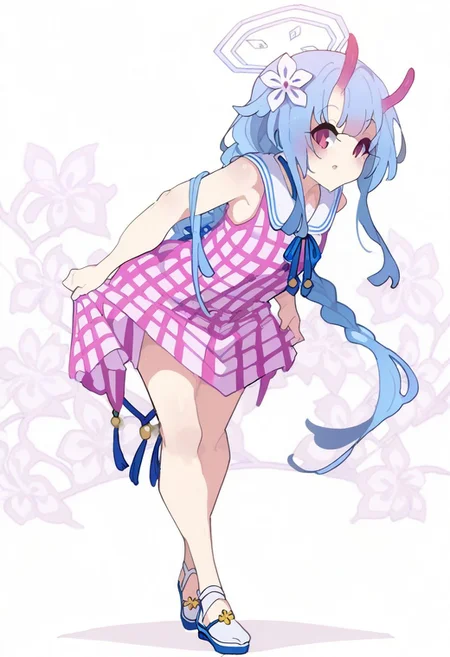 chise \(blue archive\), pink gingham dress, skirt hold bowing, crossed legs, leaning forward, Kakure_Eria. flower trestle background