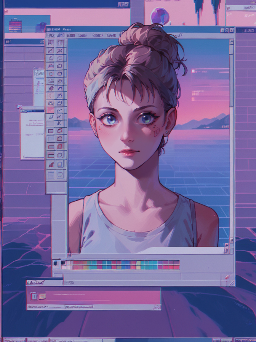 score_9, score_8_up, score_7_up, score_6_up,   <lora:win98XLP:1> win98, fake screenshot, 1990s \(style\), retrowave, 1girl,